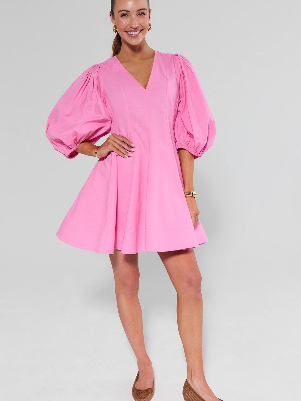 Avara Pink Channing  Puff-Sleeve V-Neck Mini Dress, Size Small NWT - Picture 3 of 12